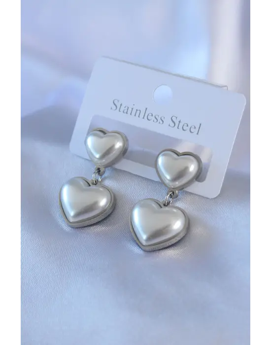   Gümüş 2li İncili Kalp Model Çelik Küpe