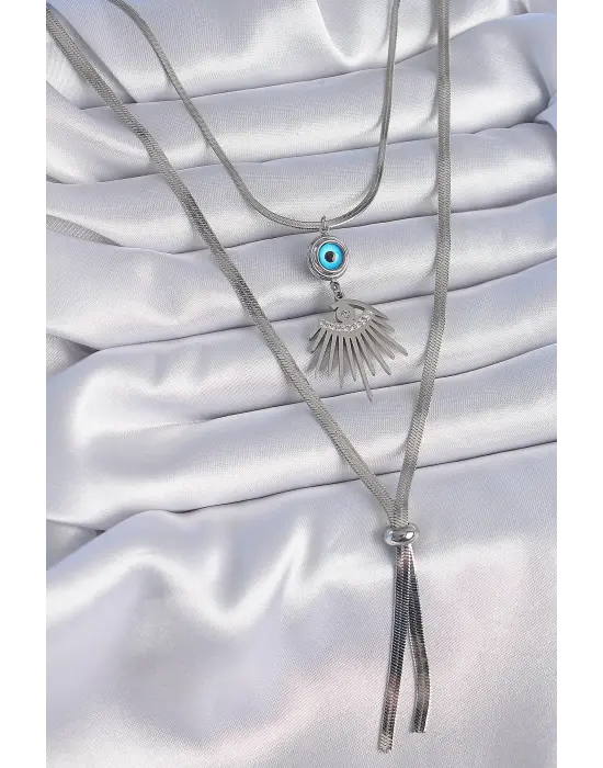  Gümüş  2li İtalyan Zincir Göz Figür Zirkon Taşlı  Çelik Kolye