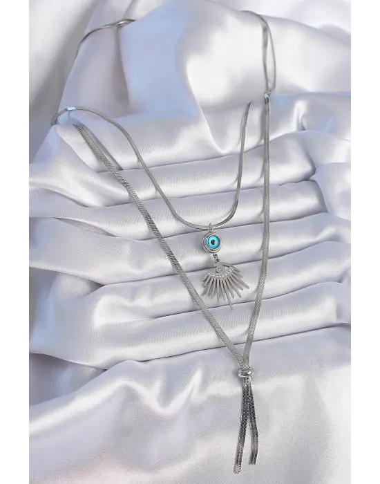  Gümüş  2li İtalyan Zincir Göz Figür Zirkon Taşlı  Çelik Kolye