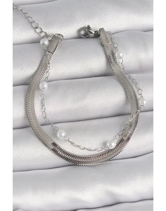 316L Çelik Gümüş Renk 2Li İtalyan Zincir İnci Detay Kadın Bileklik