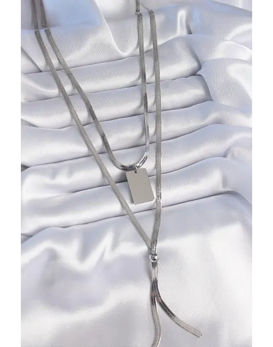  Gümüş  2li İtalyan Zincir Model Plaka Figür  Çelik Kolye