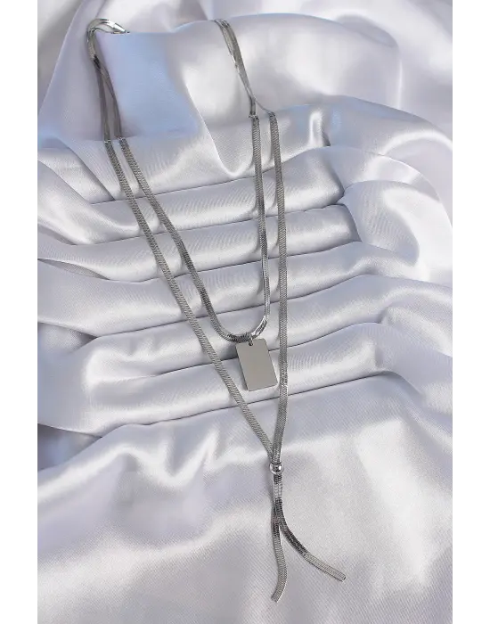  Gümüş  2li İtalyan Zincir Model Plaka Figür  Çelik Kolye