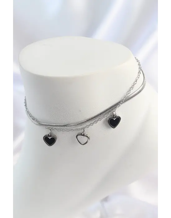 316L Çelik Gümüş Renk 2Li İtalyan Zincir Model Sallantı Kalp Model Kadın Halhal