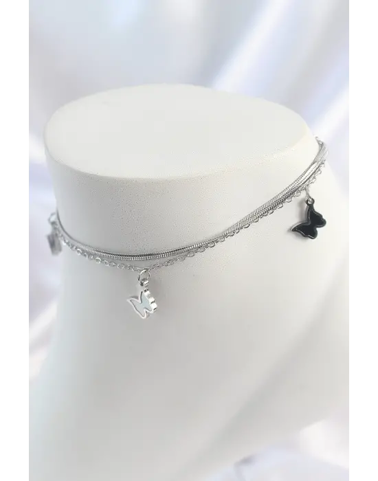 316L Çelik Gümüş Renk 2Li İtalyan Zincir Model Sallantı Kelebek Figür Kadın Halhal