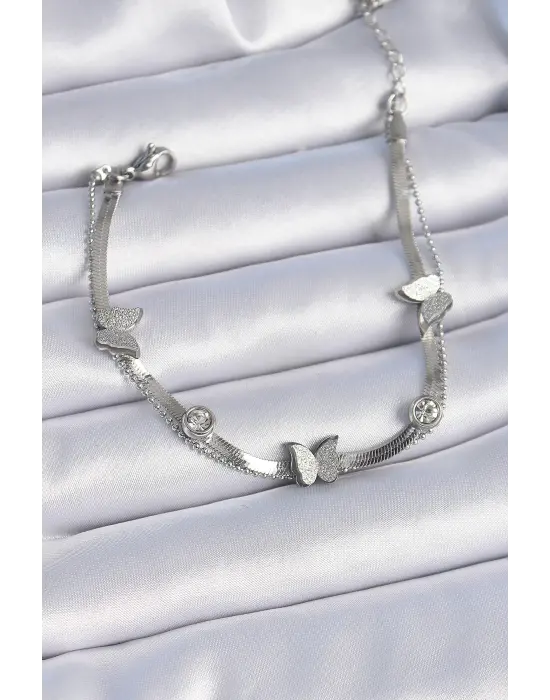 316L Çelik Gümüş Renk 2li İtalyan Zincir Zirkon Taş Detaylı Kelebek Figür Kadın Bileklik