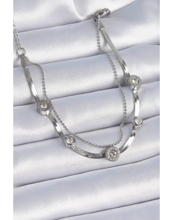 316L Çelik Gümüş Renk 2li İtalyan Zincir Zirkon Taşlı İşleme Detaylı Kadın Bileklik