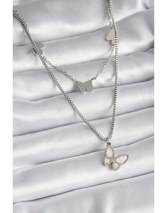 Gümüş  2Li Zincir Model Beyaz Sedefli Kelebek Figür  Çelik Kolye