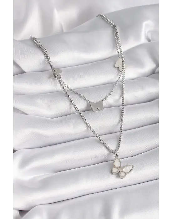  Gümüş  2Li Zincir Model Beyaz Sedefli Kelebek Figür  Çelik Kolye