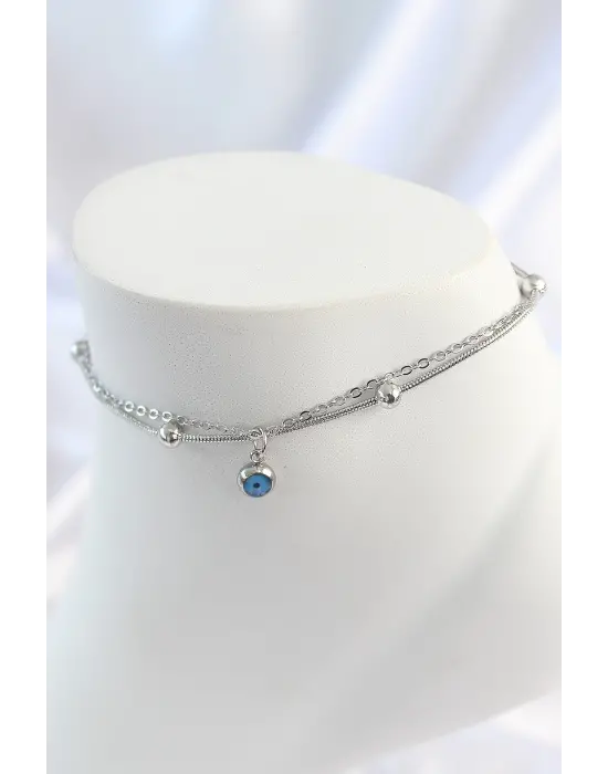 316L Çelik Gümüş Renk 2Li Zincir Model Nazar Boncuk Figür Kadın Halhal