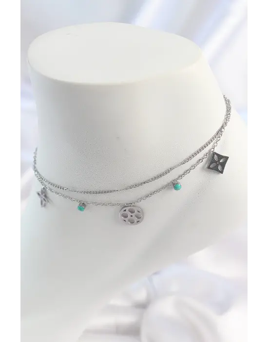 316L Çelik Gümüş Renk 2Li Zincir Rüya Kapanı Figür Mavi Taş Detay Kadın Halhal