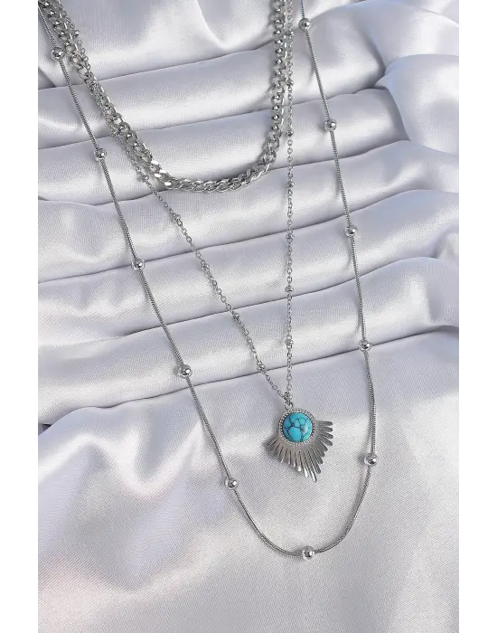  Gümüş  3lü Zincir Madalyon Model  Çelik Kolye