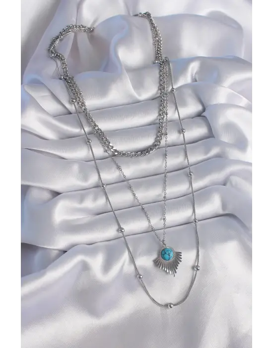  Gümüş  3lü Zincir Madalyon Model  Çelik Kolye