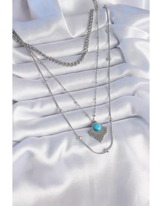  Gümüş  3lü Zincir Madalyon Model  Çelik Kolye