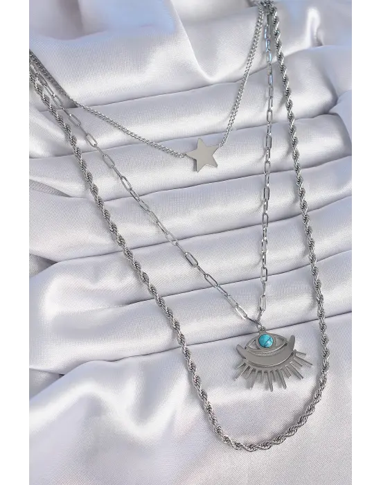  Gümüş  3lü Zincir Model Göz Figür  Çelik Kolye