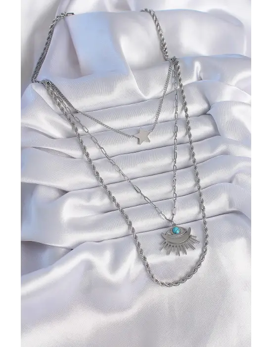  Gümüş  3lü Zincir Model Göz Figür  Çelik Kolye