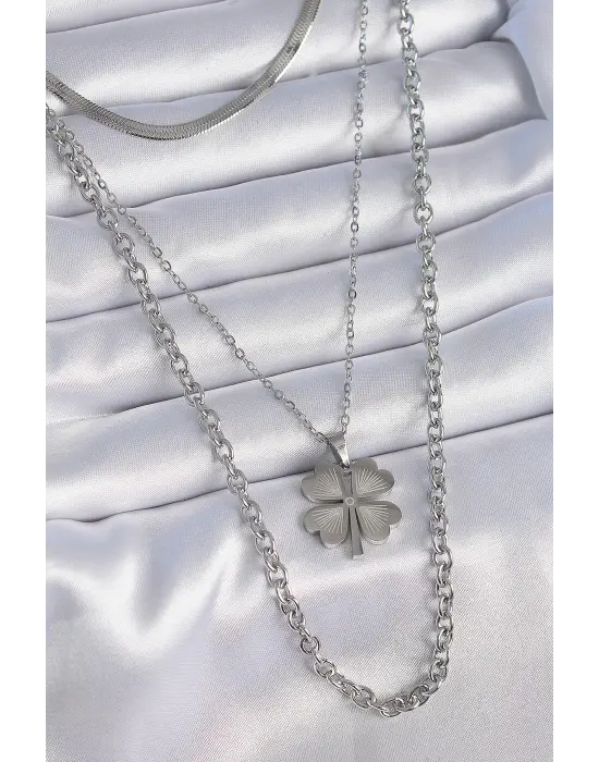  Gümüş  3lü Zincir Model Papatya Figür  Çelik Kolye
