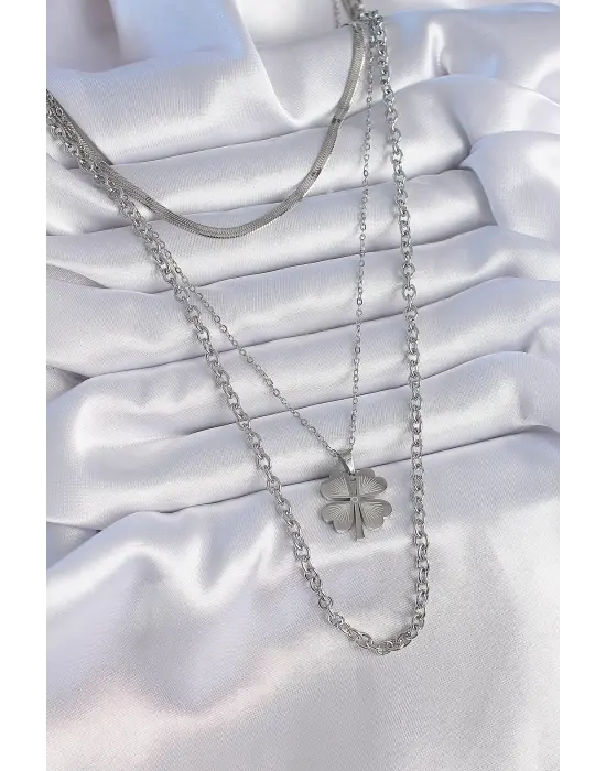  Gümüş  3lü Zincir Model Papatya Figür  Çelik Kolye