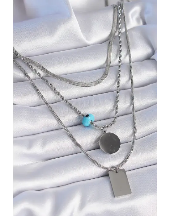  Gümüş  3lü Zincir Model Plaka Figür  Çelik Kolye