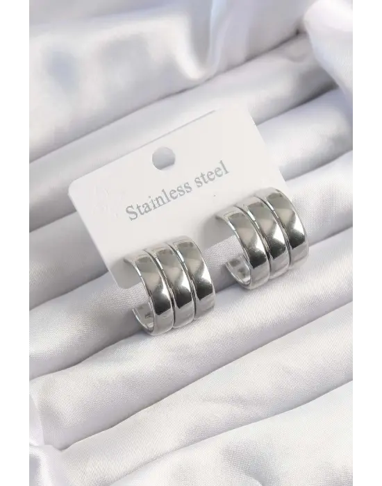   Gümüş 3lü Görünüm Bombe Model Yarım Halka Küpe