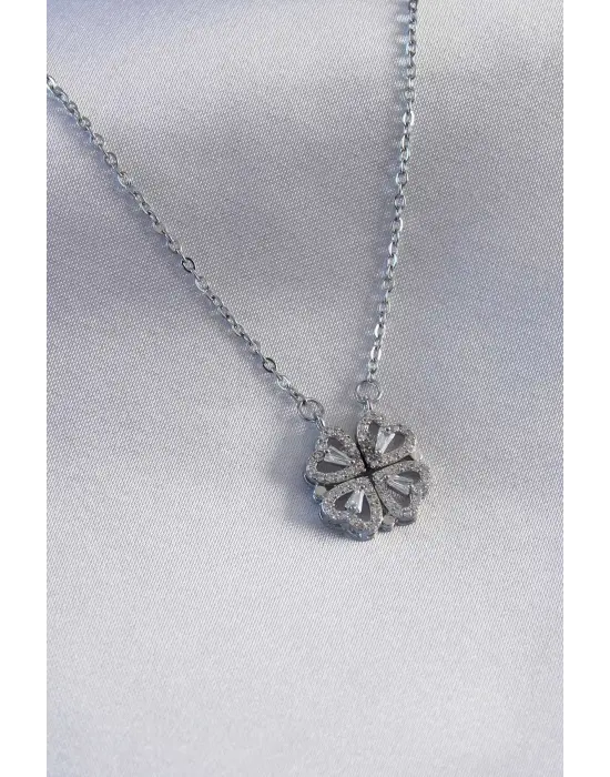  Gümüş  Açılır Yonca Model  Çelik Kolye