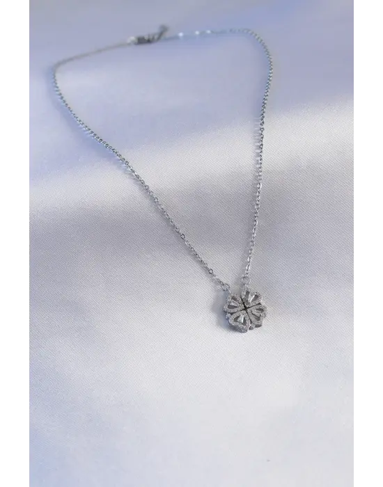  Gümüş  Açılır Yonca Model  Çelik Kolye