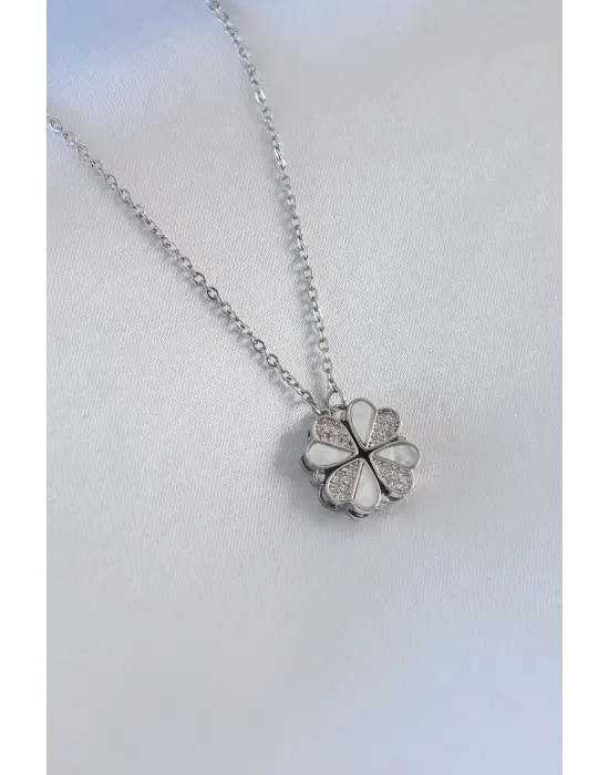  Gümüş  Açılır Yonca Model Zirkon Taşlı  Çelik Kolye