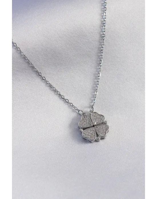  Gümüş  Açılır Zirkon Taşlı Yonca Model  Çelik Kolye