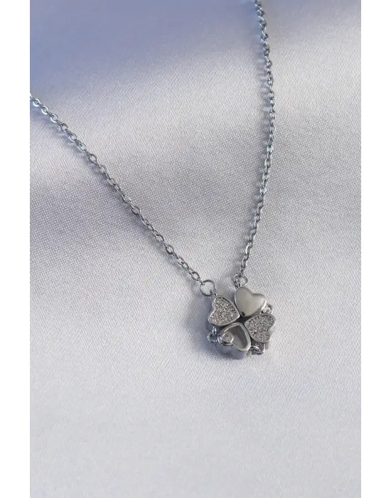  Gümüş  Açılır Zirkon Taşlı Yonca Model  Çelik Kolye