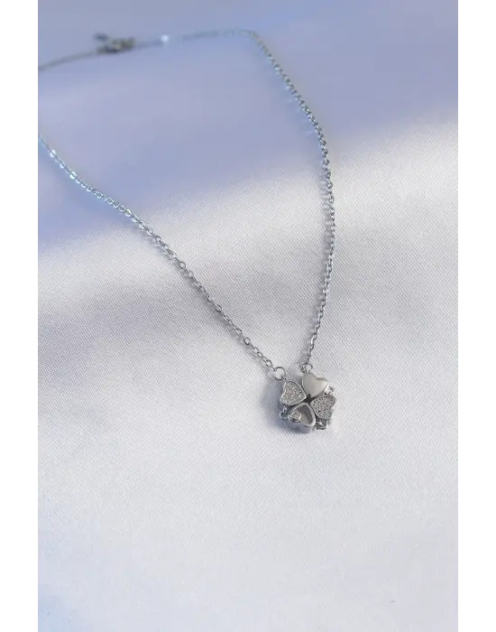  Gümüş  Açılır Zirkon Taşlı Yonca Model  Çelik Kolye