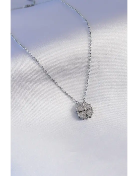  Gümüş  Açılır Zirkon Taşlı Yonca Model  Çelik Kolye
