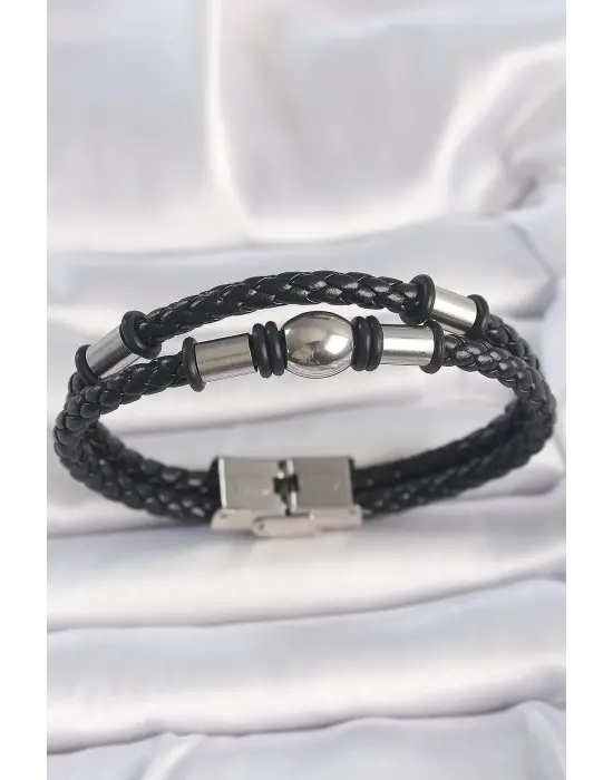 316L Çelik Gümüş Renk Aksesuarlı Çift Sıra Burgu Desenli Deri Kordon Erkek Bileklik