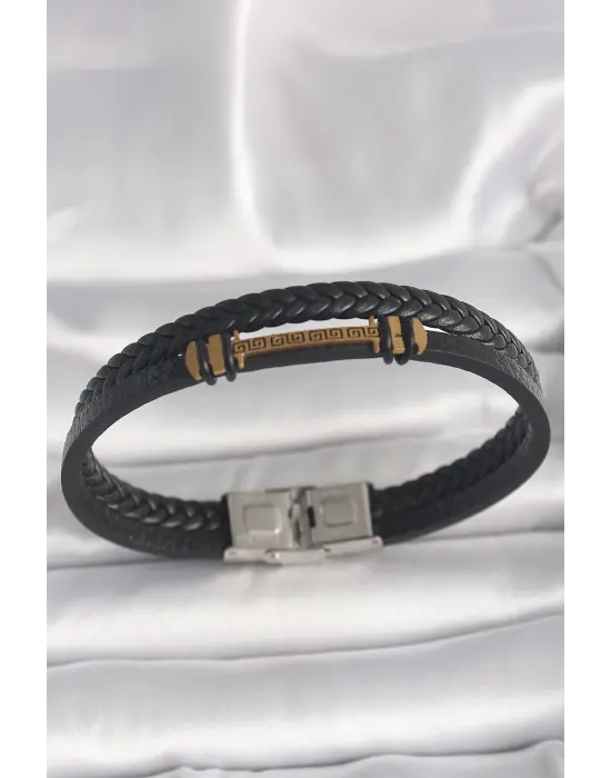 316L Çelik Gümüş Renk Aksesuarlı Çift Sıra Siyah Burgu Desen Deri Kordon Erkek Bileklik