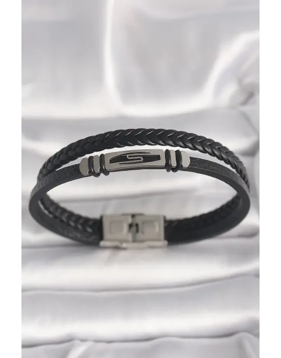 316L Çelik Gümüş Renk Aksesuarlı Çift Sıra Siyah Burgu Desenli Deri Kordon Erkek Bileklik