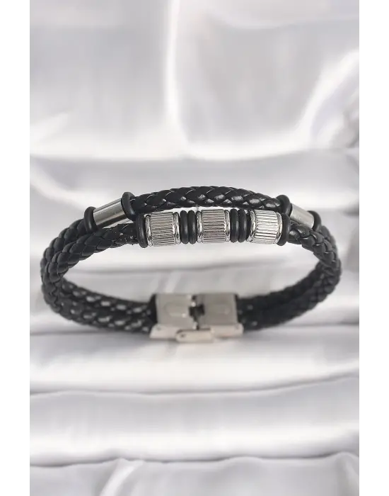316L Çelik Gümüş Renk Aksesuarlı Siyah Burgu Deri Kordon Model Erkek Bileklik