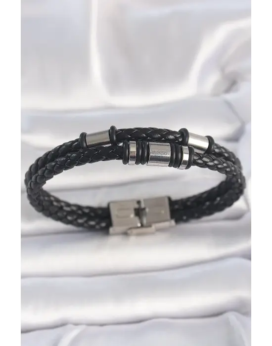 316L Çelik Gümüş Renk Aksesuarlu Çift Sıra Siyah Burgu Desenli Deri Kordon Erkek Bileklik