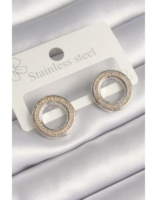   Gümüş Altın Renk Detay Zirkon Taşlı VIP Seri Daire Model Çelik Küpe