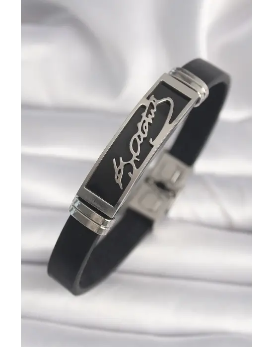 316L Çelik Gümüş Renk Atatürk İşlemeli Deri Kordon Erkek Bileklik