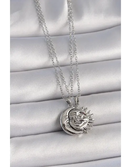 316L Çelik Gümüş Renk Ay Güneş Model Arkadaşlık Kadın Kolye