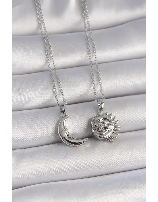 316L Çelik Gümüş Renk Ay Güneş Model Arkadaşlık Kadın Kolye