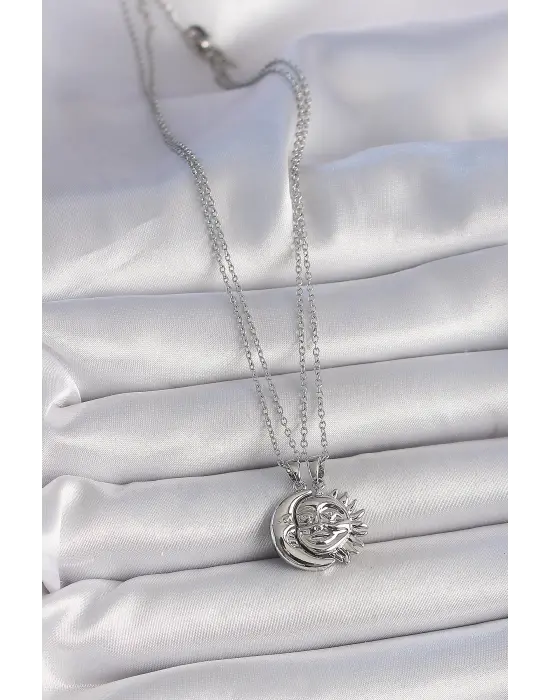 316L Çelik Gümüş Renk Ay Güneş Model Arkadaşlık Kadın Kolye