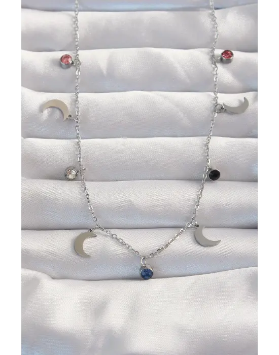  Gümüş  Ay Model li Zirkon Taşlı Çelik Kolye