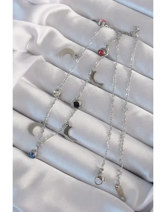  Gümüş  Ay Model li Zirkon Taşlı Çelik Kolye