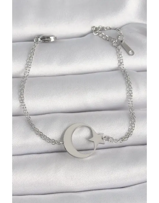 316L Çelik Gümüş Renk Ay Yıldız Model Kadın Bileklik