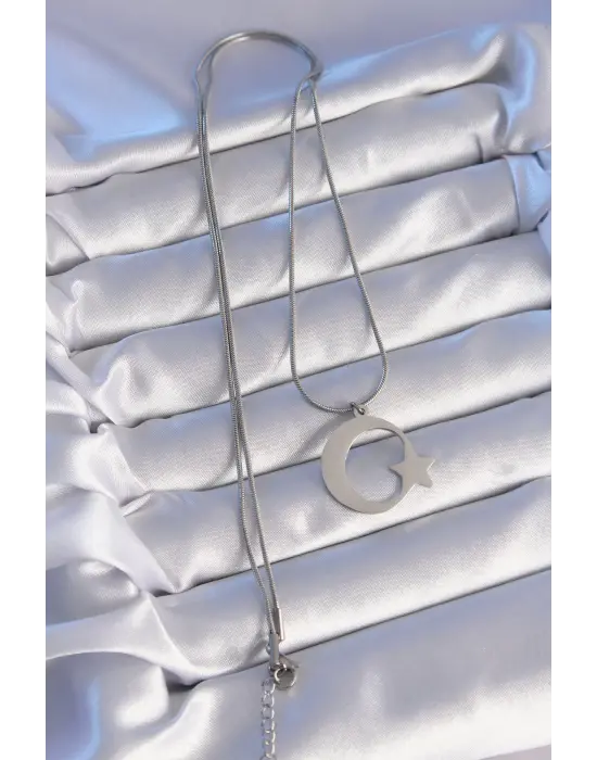  Gümüş  Ay Yıldız Model Unisex Çelik Kolye