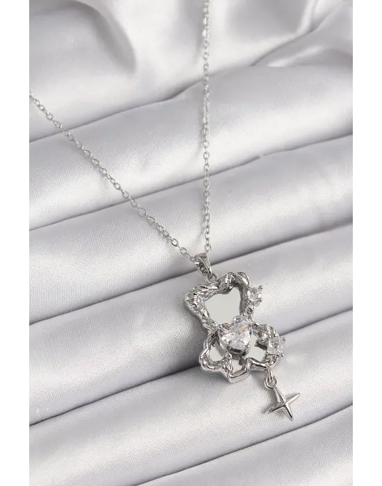  Gümüş  Ayna Ayıcık Model Zirkon Taşlı Kalp Detay  Çelik Kolye