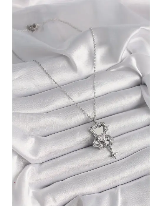  Gümüş  Ayna Ayıcık Model Zirkon Taşlı Kalp Detay  Çelik Kolye