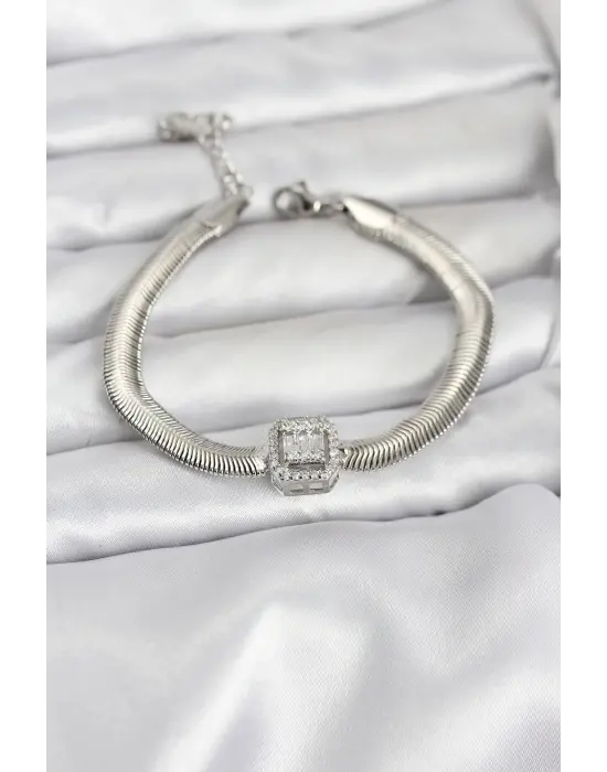 316L Çelik Gümüş Renk Baget Zirkon Taşlı Yılan Zincirli Kadın Bileklik