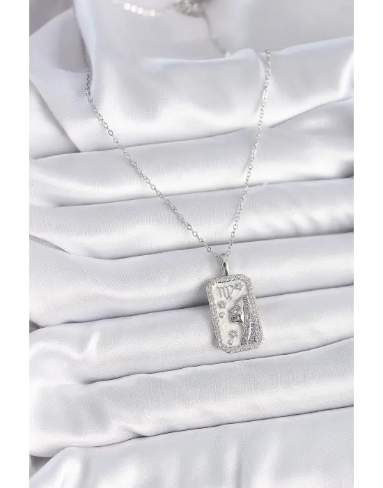  Gümüş  Başak Burcu Zirkon Taşlı  Çelik Kolye