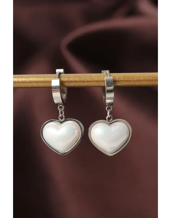 316L Çelik Gümüş Renk Beyaz Bombeli Kalp Küpe