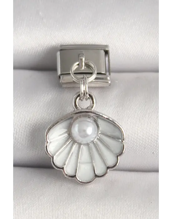 316L Çelik Gümüş Renk Beyaz Deniz Kabuğu Model İnci Detay Nomination Charm